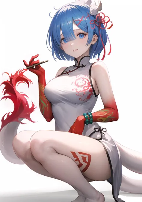 rem \(re:zero\),bat hair ornament, outfit-nian, 1girl, solo, bead bracelet, tail, breasts, looking at viewer,white background, thighs, bare shoulders,simple background, medium breasts, feet out of frame, squatting,dragon tail <lora:outfit-nianv2-pynoise:1>