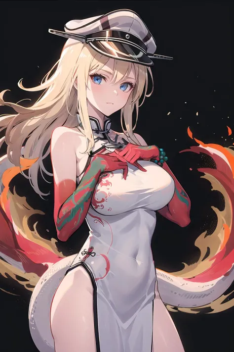 bismarck_(kancolle), 1girl, blonde hair, long hair, blue eyes, peaked cap,outfit-nian, 1girl, solo ,huge breasts,(hands on own chest),standing flame-tipped tail, bead bracelet, ,beads, looking at viewer, breasts, dragon tail, cowboy shot, colored skin, bare shoulders, red skin, medium breasts ,  <lora:outfit-nianv2-pynoise-000005:1.05>  <lora:CHA-bismarckKancolle_v10[bismarck_(kancolle), 1girl, blonde hair, hat, long hair, blue eyes, gloves, military, brown gloves, peaked cap, thighhighs]:0.4>