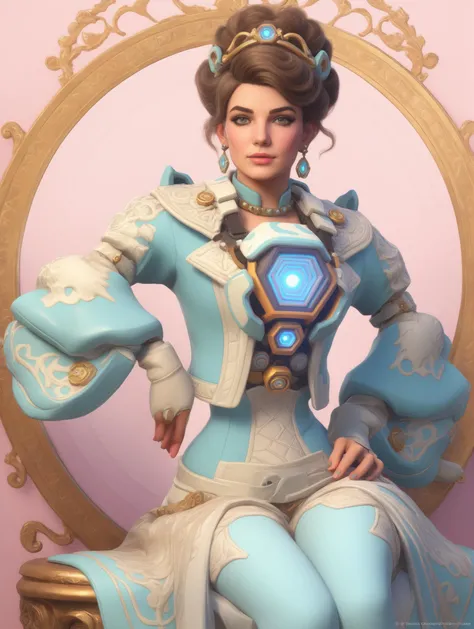 Rococo girl dressed as tracer person <lora:overwatch-000007:0.7>, ornate, elegant, romantic, pastel colors, highly detailed