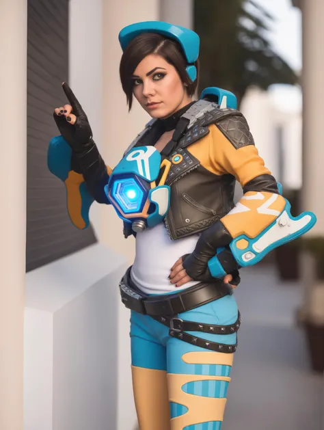 photo of a girl dressed as tracer person <lora:overwatch-000007:0.7>