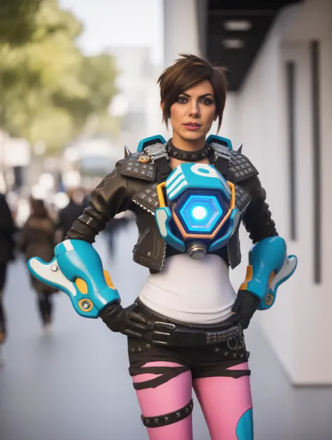documentary photography a woman dressed as tracer person <lora:overwatch-000007:0.7>, candid, real-life events, social commentary, highly detailed