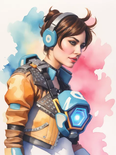 watercolor painting a girl dressed as tracer person <lora:overwatch-000007:0.8>, handmade, delicate, impressionistic, bright, vivid, colorful, highly detailed