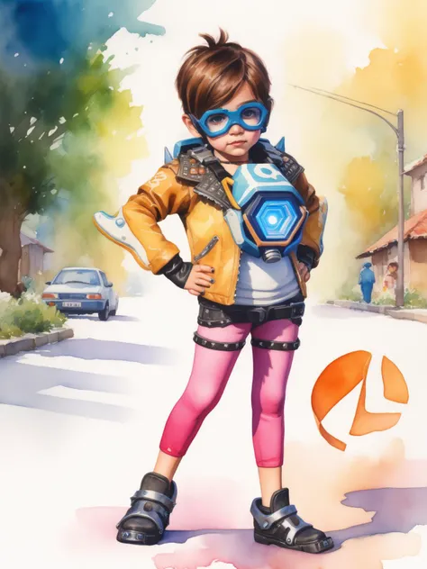 watercolor painting a girl dressed as tracer person<lora:overwatch-000007:0.7>, handmade, delicate, impressionistic, bright, vivid, colorful, highly detailed