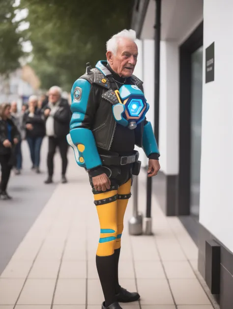 documentary photography a grandad dressed as tracer person <lora:overwatch-000007:0.7>, candid, real-life events, social commentary, highly detailed