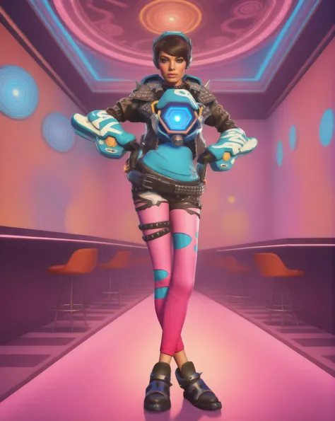 psychedelic a girl dressed as tracer person, full shot, standing in a night club<lora:overwatch-000007:0.9>photorealistic, detailed, vibrant colors, swirling patterns, surreal, 1960s, intricate