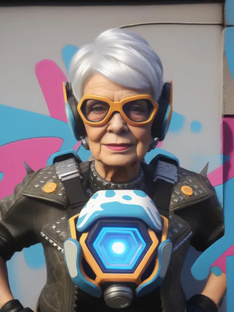 street art photo of a granny dressed as tracer person <lora:overwatch-000006:0.9>, graffiti, urban, vibrant, edgy, spray paint, stencil art, highly detailed