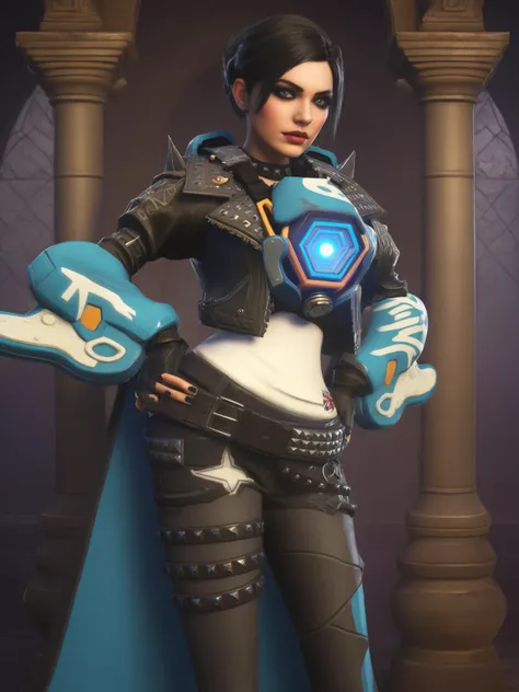 gothic a (vampire) dressed as tracer person<lora:overwatch-000007:0.9>, dark, medieval, detailed, ornate, mysterious, intricate