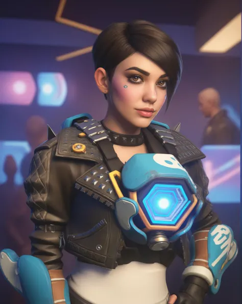 a girl dressed as tracer person, full shot, standing in a night club<lora:overwatch-000007:0.9>photorealistic, detailed