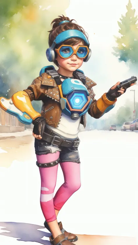 watercolor painting a girl dressed as tracer person<lora:overwatch-000007:0.7>, handmade, delicate, impressionistic, bright, vivid, colorful, highly detailed