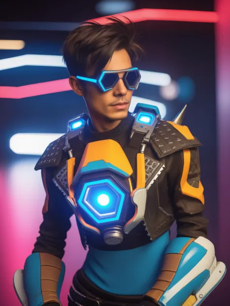 cybernetic photo of a man dressed as tracer person <lora:overwatch-000007:0.7>, futuristic, metallic, glowing neon, high-tech, intricate