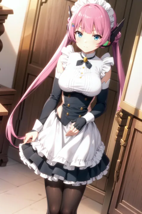 best quality, (masterpiece:1.2), detailed, anime coloring,
<lora:chara_IsekaiMaou_Rose_v1:0.7>, rose isekaimaou,
closed mouth,
pink hair, long hair, twintails, blue eyes, robot ears,
maid dress, detached sleeves, black pantyhose, maid headdress,
standing, from angle, looking at the viewer,
coin, gold
