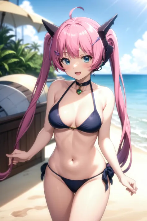 best quality, (masterpiece:1.2), detailed, anime coloring,
<lora:chara_IsekaiMaou_Rose_v1:0.7>, rose isekaimaou,
light blush, light smile, open mouth,
pink hair, long hair, twintails, blue eyes, robot ears,
android, hairclip, blue bikini, medium breasts,
standing, from angle, looking at the viewer,
beach, water, palm