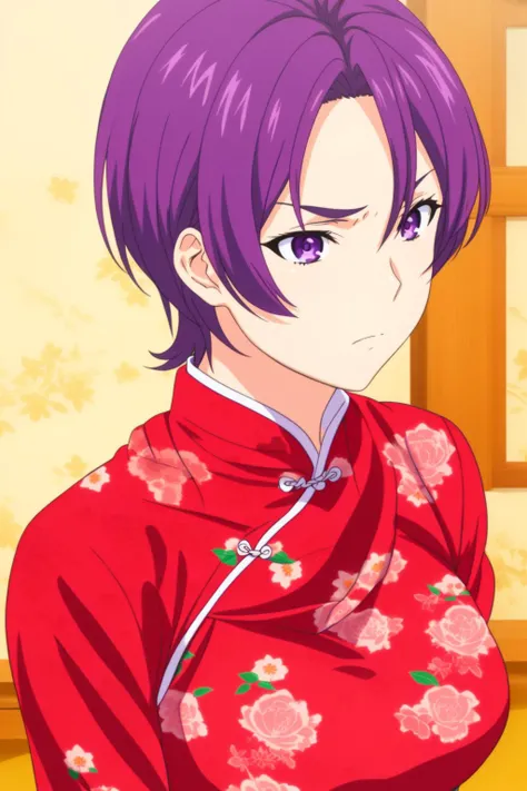 miyoko, 1girl, solo, breasts, short_hair, large_breasts, 1boy, hair_between_eyes, medium_breasts, closed_mouth, purple_eyes, upper_body, male_focus, frown, chinese_clothes, floral_print, red_dress, china_dress, close-up