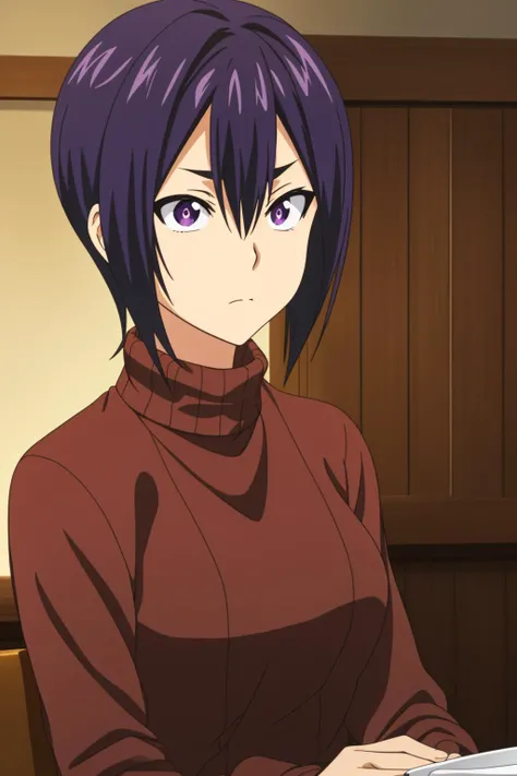 taki, 1girl, solo, looking_at_viewer, short_hair, black_hair, hair_between_eyes, sitting, closed_mouth, blue_hair, upper_body, male_focus, indoors, purple_eyes, sweater, turtleneck, expressionless, tray, (constricted_pupils), wide-eyed