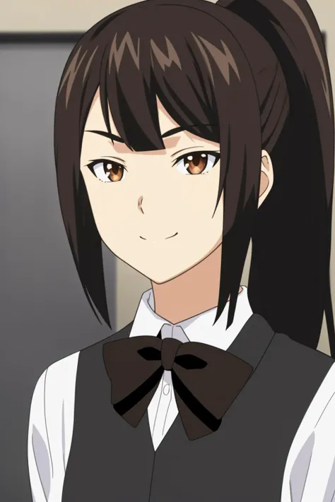 gao, 1girl, solo, long_hair, looking_at_viewer, smile, black_hair, bow, brown_eyes, closed_mouth, white_shirt, upper_body, ponytail, sidelocks, collared_shirt, bowtie, uniform, dress_shirt, black_bow, swept_bangs, portrait