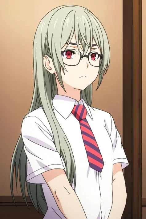 nene, 1girl, solo, long_hair, red_eyes, closed_mouth, school_uniform, white_shirt, upper_body, short_sleeves, grey_hair, green_hair, necktie, striped, collared_shirt, indoors, looking_to_the_side, dress_shirt, frown, looking_away, expressionless, wing_collar, red_necktie, instrument, black-framed_eyewear, striped_necktie, pink_necktie, purple_necktie, over-rim_eyewear, diagonal-striped_necktie