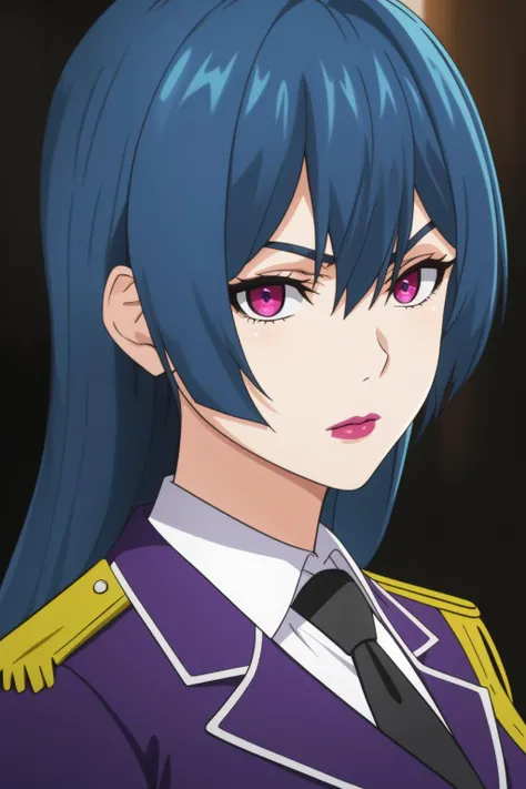sarge, 1girl, solo, long_hair, looking_at_viewer, red_eyes, hair_between_eyes, closed_mouth, blue_hair, purple_eyes, white_shirt, upper_body, necktie, sky, collared_shirt, pink_eyes, blurry, uniform, lips, looking_to_the_side, military, military_uniform, makeup, night, expressionless, formal, lipstick, portrait, black_necktie, close-up, epaulettes, purple_jacket