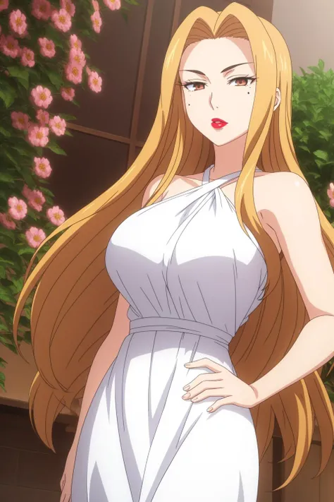 natsume, anime art style, 1girl, solo, long_hair, breasts, blonde_hair, large_breasts, dress, bare_shoulders, brown_eyes, flower, white_dress, mole, hand_on_hip, mole_under_eye, makeup, halterneck, lipstick
