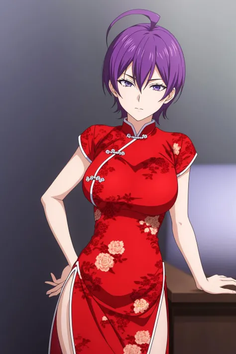 miyoko, anime art style, 1girl, solo, breasts, looking_at_viewer, short_hair, dress, purple_eyes, purple_hair, ahoge, chinese_clothes, floral_print, red_dress, china_dress, side_slit
