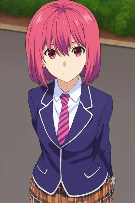 hisako, anime art style, 1girl, solo, short_hair, skirt, red_eyes, school_uniform, jacket, pink_hair, necktie, plaid, plaid_skirt, blazer