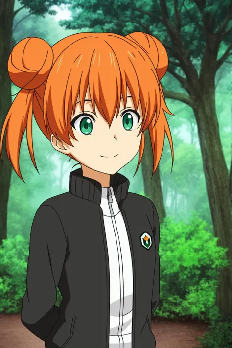 yuuki, anime art style, 1girl, solo, smile, short_hair, twintails, green_eyes, jacket, hair_bun, orange_hair, tree, double_bun, arms_behind_back, nature, forest, track_jacket