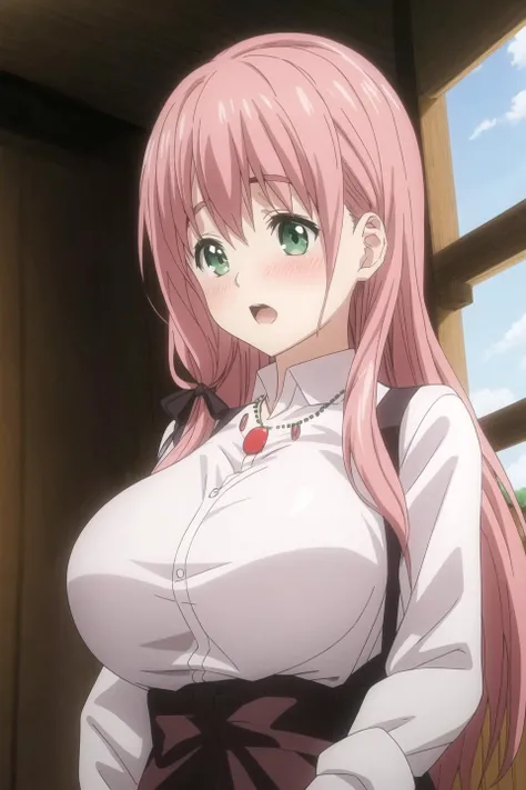 sonoka, anime art style, 1girl, solo, long_hair, breasts, open_mouth, large_breasts, shirt, ribbon, jewelry, green_eyes, hair_ribbon, white_shirt, upper_body, pink_hair, necklace, suspenders