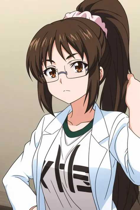 jun, anime art style, 1girl, solo, long_hair, brown_hair, brown_eyes, ponytail, glasses, arm_up, scrunchie, hair_scrunchie, labcoat