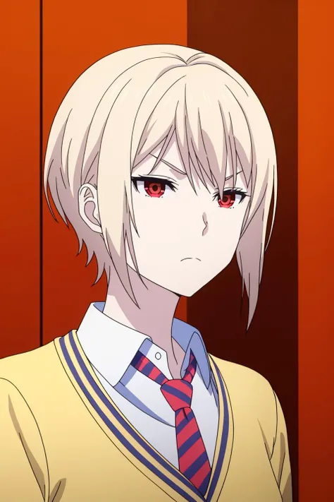 alice, anime art style, 1girl, solo, short_hair, shirt, red_eyes, closed_mouth, school_uniform, white_shirt, upper_body, necktie, striped, collared_shirt, sweater, frown, red_necktie, pale_skin, yellow_background, striped_necktie