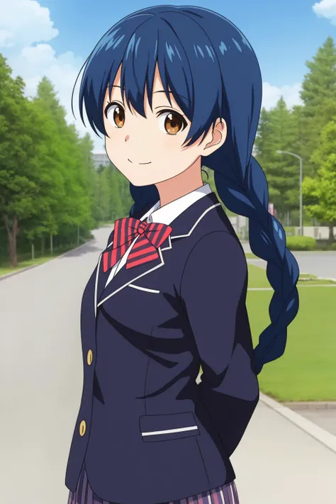 megumi, anime art style, 1girl, solo, long_hair, looking_at_viewer, smile, shirt, hair_ornament, bow, brown_eyes, school_uniform, blue_hair, jacket, white_shirt, braid, outdoors, sky, day, hairclip, bowtie, twin_braids, tree, arms_behind_back, blazer, striped_bow