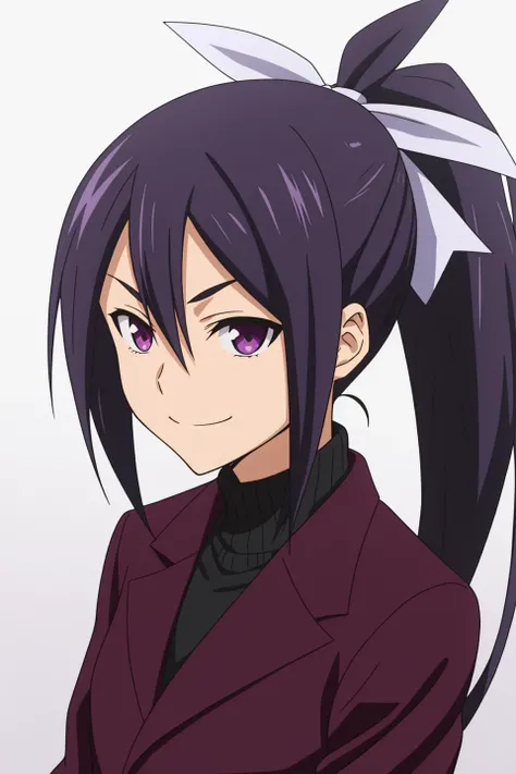taki, anime art style, 1girl, solo, black_hair, ribbon, jacket, hair_ribbon, ponytail, turtleneck, smile