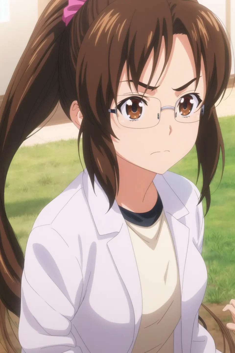 jun, anime art style, 1girl, solo, long_hair, brown_hair, shirt, brown_eyes, ponytail, glasses, frown, scrunchie, clothes_writing, semi-rimless_eyewear, labcoat