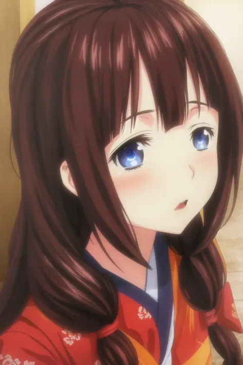 hinako, anime art style, 1girl, solo, long_hair, looking_at_viewer, open_mouth, blue_eyes, brown_hair, japanese_clothes, kimono, portrait, close-up