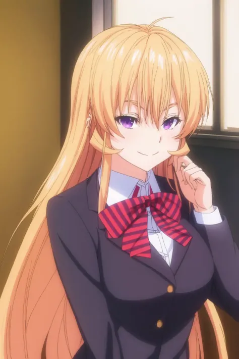 erina, anime art style, 1girl, solo, long_hair, breasts, looking_at_viewer, smile, blonde_hair, large_breasts, shirt, long_sleeves, bow, hair_between_eyes, very_long_hair, closed_mouth, school_uniform, purple_eyes, white_shirt, upper_body, striped, collared_shirt, bowtie, red_bow, shaded_face, red_bowtie, sweater_vest, striped_bow, hand_on_own_chin, striped_bowtie