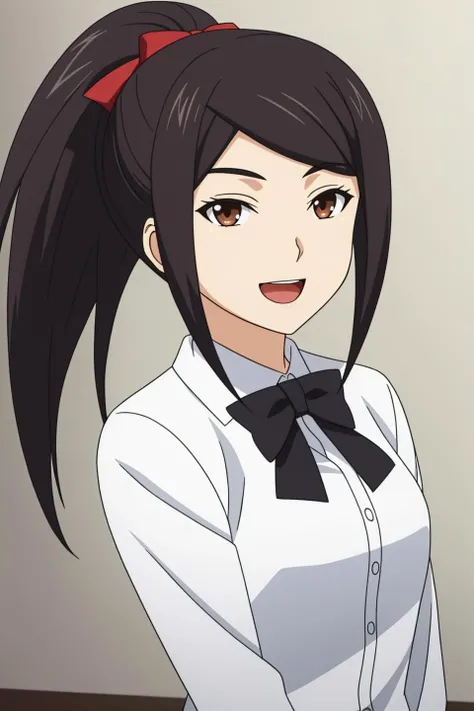 gao, anime art style, 1girl, solo, long_hair, looking_at_viewer, smile, open_mouth, shirt, black_hair, bow, brown_eyes, ponytail, bowtie,