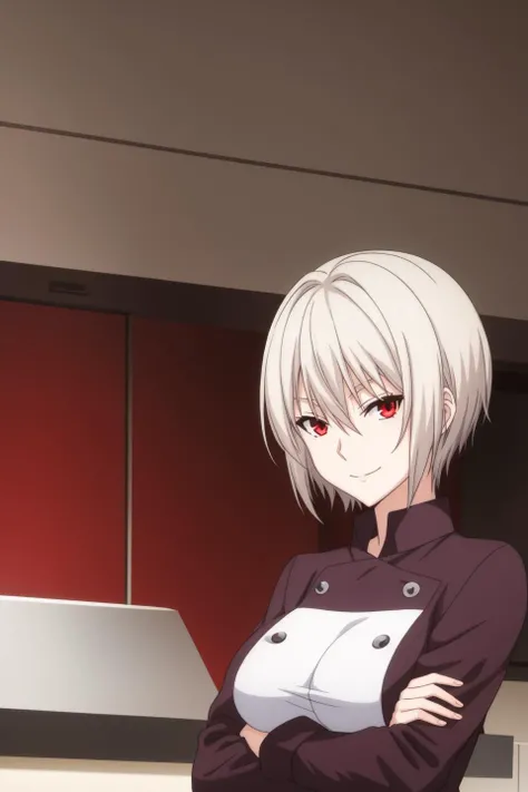 alice, anime art style, 1girl, solo, breasts, looking_at_viewer, smile, short_hair, large_breasts, red_eyes, long_sleeves, hair_between_eyes, closed_mouth, upper_body, white_hair, crossed_arms, chef