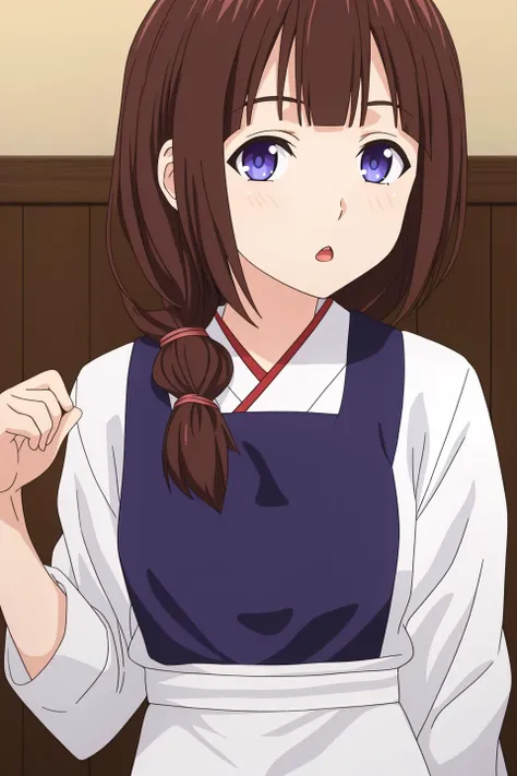 hinako, anime art style, 1girl, solo, long_hair, looking_at_viewer, open_mouth, blue_eyes, brown_hair, purple_eyes, upper_body, japanese_clothes, apron, kappougi