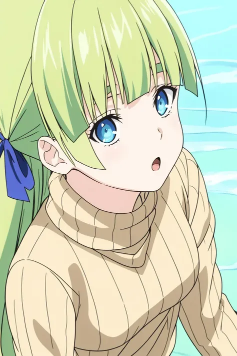 berta, 1girl, solo, long_hair, looking_at_viewer, open_mouth, blue_eyes, blonde_hair, ribbon, hair_ribbon, upper_body, hairband, green_hair, blunt_bangs, water, :o, sweater, turtleneck, looking_up, ribbed_sweater, turtleneck_sweater