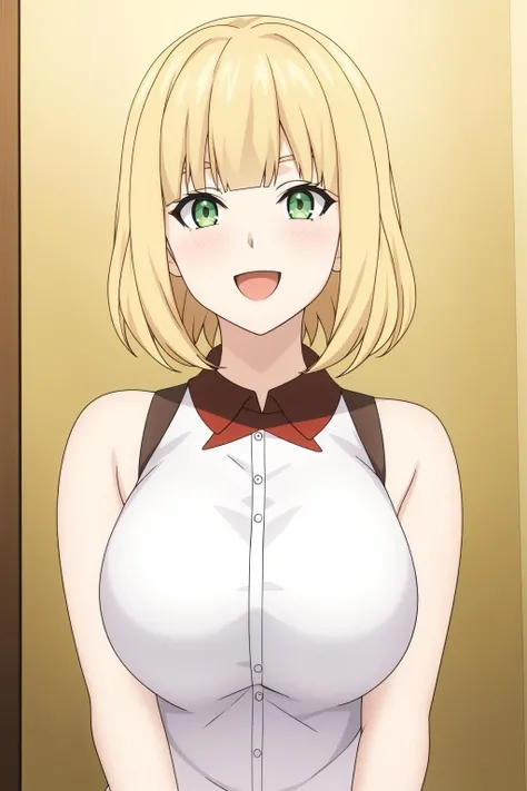 courage, 1girl, solo, long_hair, breasts, looking_at_viewer, blush, smile, short_hair, open_mouth, blonde_hair, large_breasts, indoor, bare_shoulders, medium_breasts, green_eyes, white_shirt, upper_body, :d, sleeveless, blunt_bangs, medium_hair, gradient, gradient_background, sleeveless_shirt
