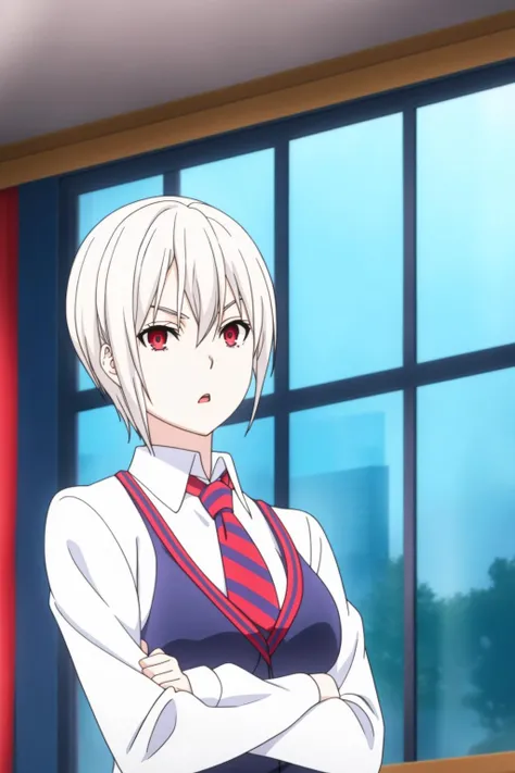 alice, 1girl, solo, breasts, looking_at_viewer, short_hair, open_mouth, red_eyes, long_sleeves, hair_between_eyes, medium_breasts, school_uniform, standing, white_shirt, upper_body, white_hair, parted_lips, necktie, striped, collared_shirt, indoors, sweater, window, pale_skin, looking_down, crossed_arms, red_necktie, striped_necktie