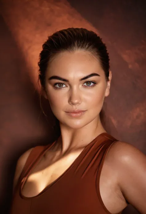 cinematic film still <lora:KateUpton_SDXL_v1.0:1>
upper body studio photography, sharp split lighting, warm tones, highlighting ohwx woman's arched brows and flawless complexion, posed tension against burnt umber backdrop, split spotlight, 1/800, f/1.8, ISO 400, leotard, by Mert and Marcus . shallow depth of field, vignette, highly detailed, high budget, bokeh, cinemascope, moody, epic, gorgeous, film grain, grainy