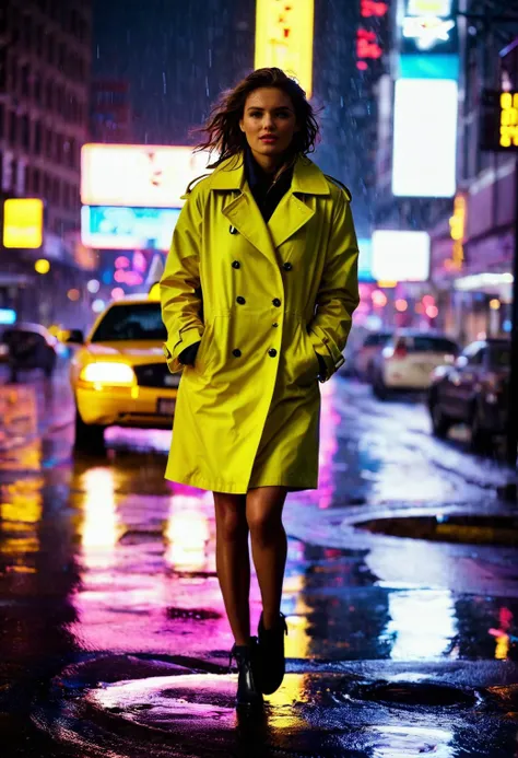cinematic film still <lora:KateUpton_SDXL_v1.0:1> 
full body cinematography, neon city lights, cool tones, ohwx woman emerging from taxi amid rain-slick streets, vibrant posing to pulsing rhythm, contrasting glowing signs, 1/160, f/1.6, ISO 1600, trenchcoat, by Mert & Marcus . shallow depth of field, vignette, highly detailed, high budget, bokeh, cinemascope, moody, epic, gorgeous, film grain, grainy