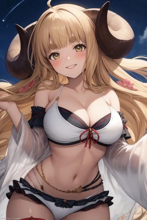 1girl, anisum bikini, <lora:Anila-000025:1>, night sky, from below, dynamic, pov, <lora:add_detail:0.2>, smile, v-shaped eyebrows, establish , tilt frame