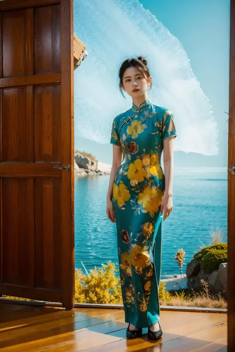 realistic,absurdres,highres,best quality,HDR,UHD,8K,masterpiece,Highly detailed,extreme detail description,Professional,Vivid Colors,1girl,full body,<lora:æ-è¢_V1.0:0.8>,qipao,