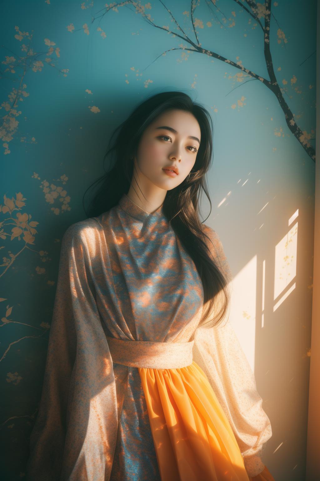 A woman in a dress standing in front of a wall - SeaArt AI
