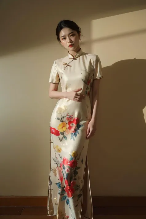 realistic,absurdres,highres,best quality,HDR,UHD,8K,masterpiece,Highly detailed,extreme detail description,Professional,Vivid Colors,1girl,full body,<lora:æ-è¢_V1.0:0.8>,qipao