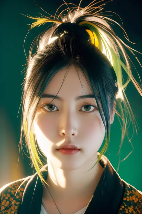 1girl, [ (surrealism art by Jeff Soto:1.1) : (Kozo Yokai:1.1) : (Kitagawa Utamaro:1.2) :5], dark art, fantasy Redshift render, charming, extreme close-up shot of a Revealing Maximalist small New Zealander (Male Psychologist:1.3) , his hair is Emo and styled as Ponytail, near Callous Danceclub, Blue lake with Walnut, at Overcast, horizon-centered, Illustration, Confused, deep green explosions, Nu Goth Art, spotlit, 35mm, Cathode tube, Light streaks, dripping with DayGlo yellow, highly detailed face, photo-realistic face, UHD, extremely beautiful