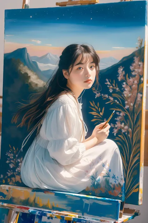 1girl, (romanticism art by Henry Justice Ford:0.8) , epic, dense mountains with Violet, American Impressionism, Rule of Thirds, Landscape of a Wavy Infected ("In the stillness of night, stars whisper ancient tales, painting the sky with celestial poetry.":1.3) , Contemplative Workshop in background, Foggy conditions, Bokeh, Vivid, Shameful, waning light, Depth of field 100mm, One Color, Decoupage, bloom, extremely beautiful, trending on artstation, sneakers