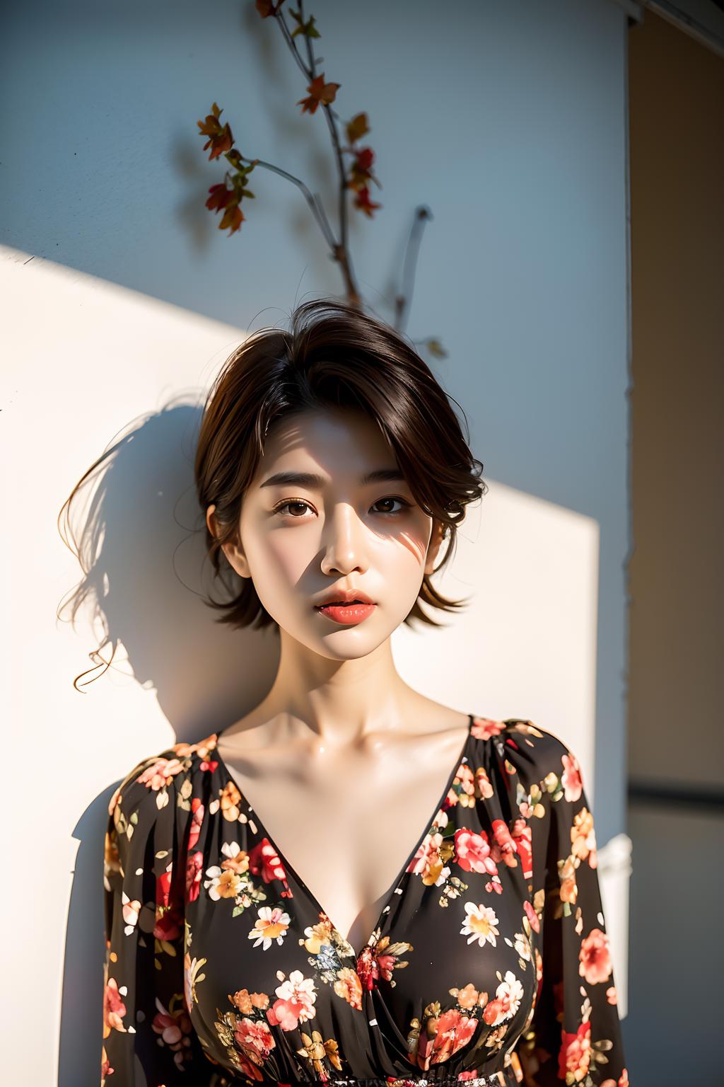 A close up of a woman in a floral dress standing near a wall - SeaArt AI