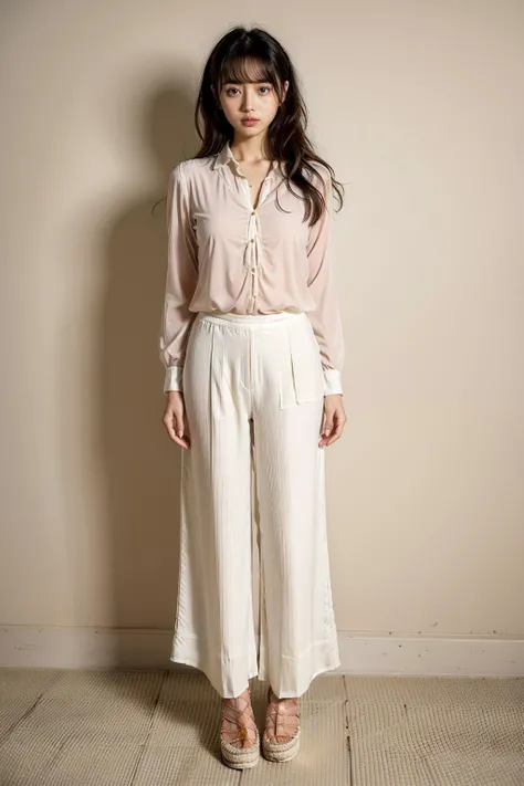(Flowy_blouse:1.5),(Wide-leg_pants:1.4),(Espadrille_wedges:1.3),