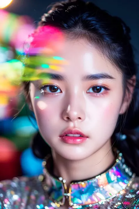girl with a scarf around her neck, (masterpiece), (detailed), (intricate details), (realistic:1.4), shimmering holographic portrait of a girl with a mesmerizing glow, (realistic skin texture:1.2), cat eyeliner, blush, (upper body), spiked collar, pastel colors, film grain, cinematic lighting, cinematic still, (cinematic look:1.4), film, dof,  ((canon m50)), ((award winning)), particles of light, (light spread), colorful light<lora:k-seutahl-01:0.75> 90s flash photo, light leak, analog photo, lomography<lora:90sflash_v3:0.6> <lora:add_detail:0.5>